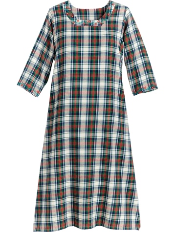 Women's Cotton Plaid Dress With Floral Embroidery