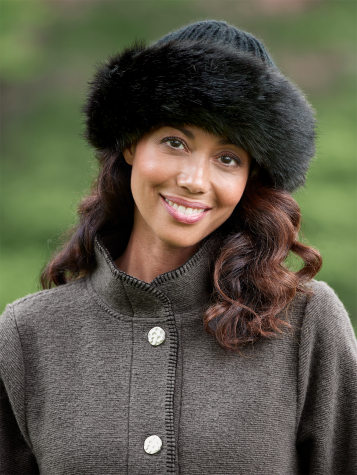 Women's Black Faux Fur Trimmed Fleece Hat