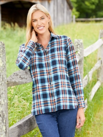 Women's Lightweight Flannel Shirt in Turquoise Plaid