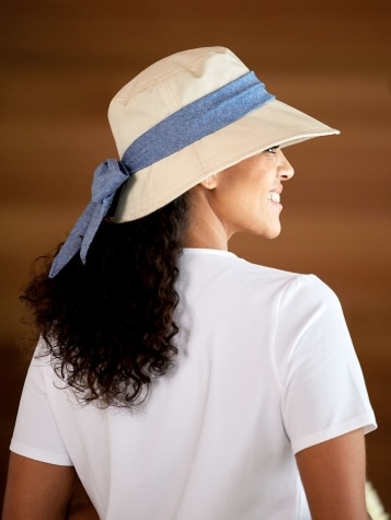 Women's Bucket Tan Hat With Blue Denim Bow