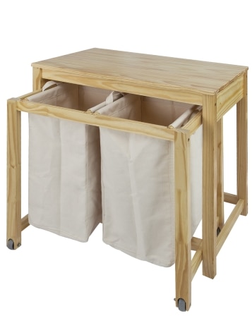 Solid Wood Dual Hamper Rolling Laundry Station