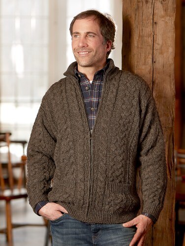Mens Irish Wool Sweater With Zipper Aran Knit Sweater