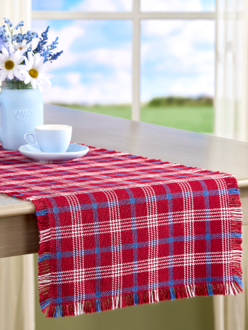 Mountain Weavers Hartland Patriotic Plaid Weave Cotton Table Runner, 14 Inch Wide