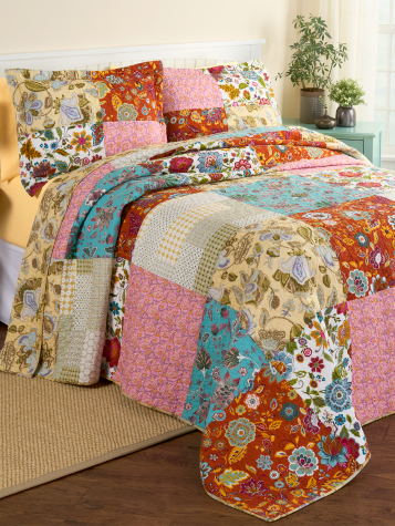 Vibrant Blooms Cotton Quilted Bedspread or Pillow Sham