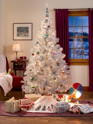 Pre-Lit Silver Tinsel Christmas Tree, In 3 Sizes