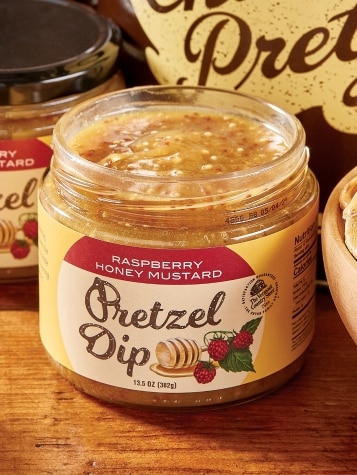 Open Jar of Raspberry Honey Mustard Pretzel Dip
