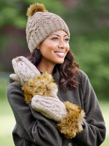 Faux Fur Cable-Knit Mittens