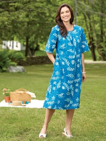 Batik Print Muumuu with Square Neck and Side Seam Pockets