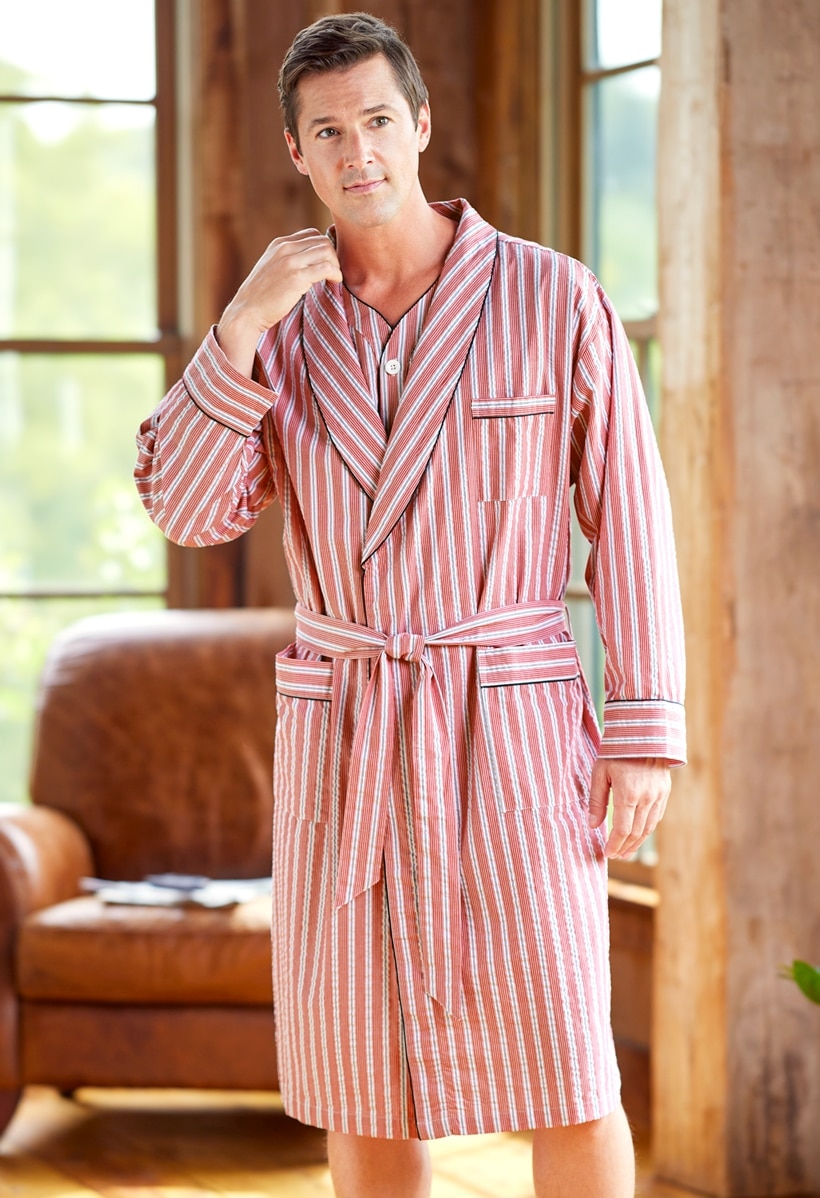 Men's Striped Cotton Seersucker Robe