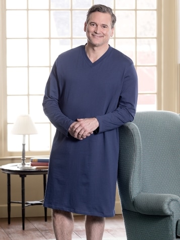 Men's Comfort Knit V-Neck Long-Sleeve Cotton Nightshirt