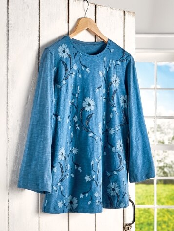 Blooming Beauty Embroidered Cotton Top With 3/4 Sleeves