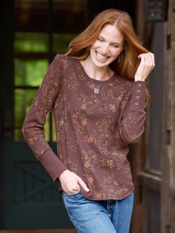 Women's Waffle-Knit Burgundy Floral-Print Top
