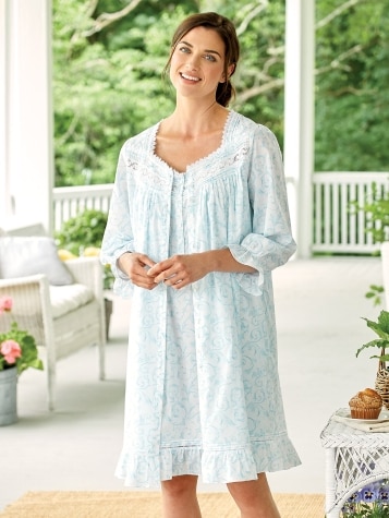 Women's Eileen West Aqua Scroll Cotton Short Robe