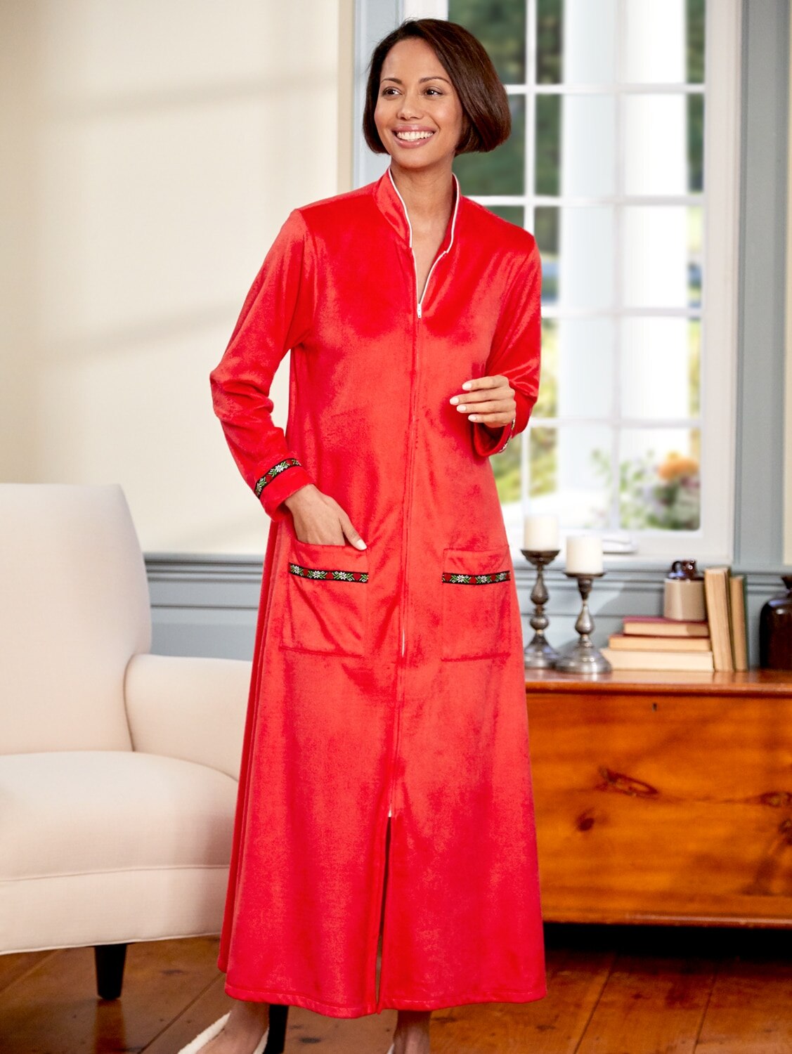 Women Bathrobe Stand Collar Long Sleeve Zip Fleece Robe with Pocket hfor 01 