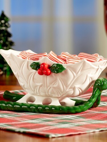Vintage Green Holly Christmas Sleigh Ceramic Decorative Sleigh