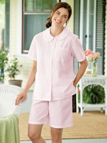 Pink Plaid Seersucker Shortie Pajamas for Women 