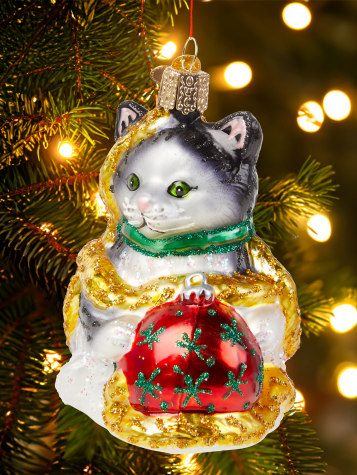 Holiday Kitten Blown-Glass Christmas Ornament
