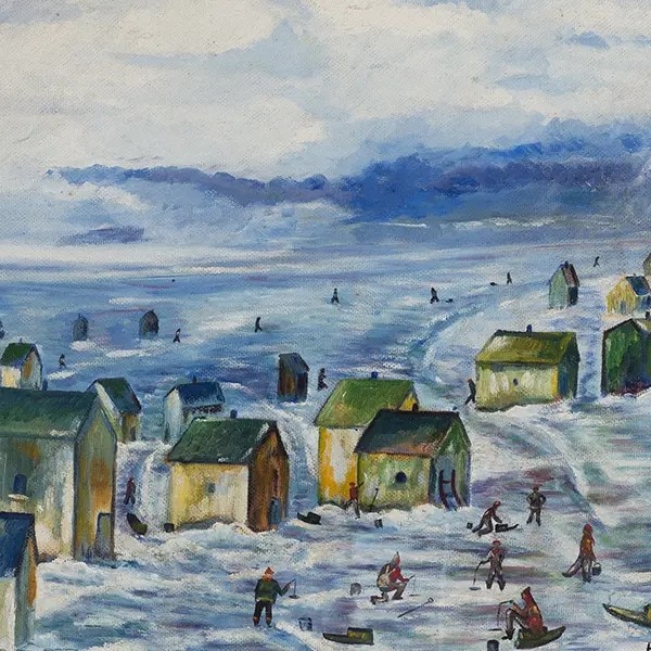 H. Weber c.1950, Ice Fishing, Oil on canvas, 21 ¾ x 26 ½ in.