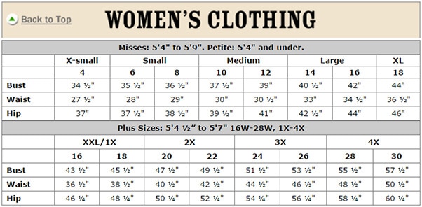 Vermont Country Store Women S Size Chart
