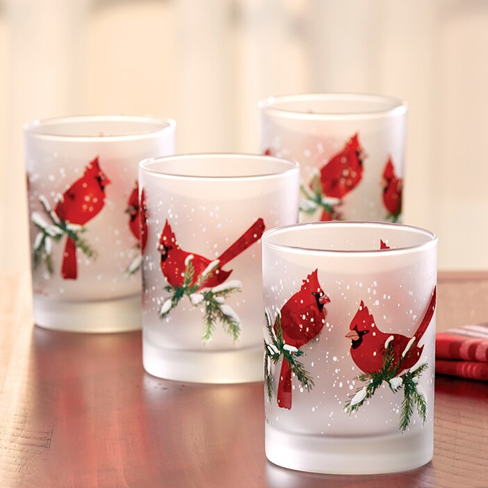 Frosted Red Cardinal Double Old-Fashioned Glasses, Set Of 4