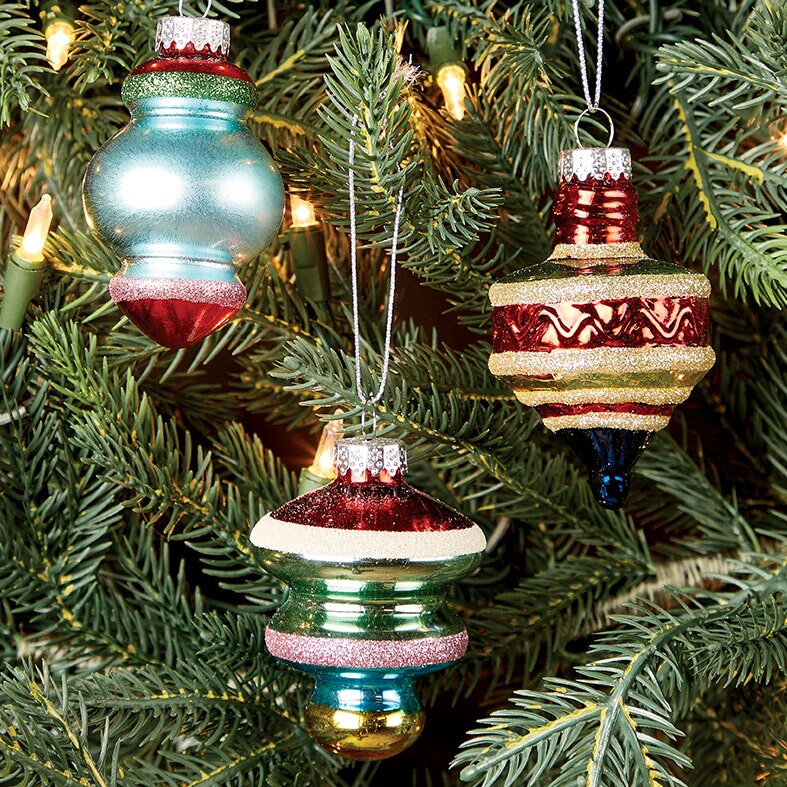 Multi-Shape Striped Glass Ornament Assortment, Set Of 6