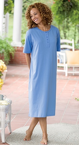 Comfort Knit Solid Color Cotton Short-Sleeve Long Nightgown